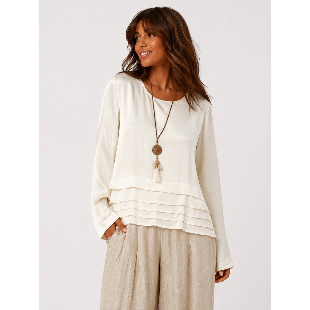Ursime Cream Satin Ruffle Peplum Lagenlook Art Long Sleeve Blouse Top M
